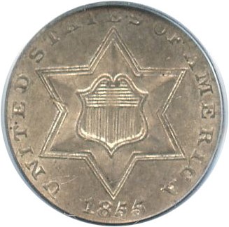image for: 1855 3cS PCGS/CAC MS64 - Scarce type 2 3-Cent Silver