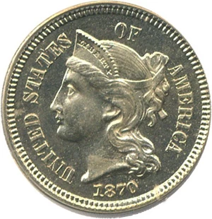 image for: 1870 3cN PCGS/CAC Proof 65 Cameo