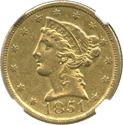 image for: 1851-C $5 NGC/CAC AU50 - Charlotte Mint