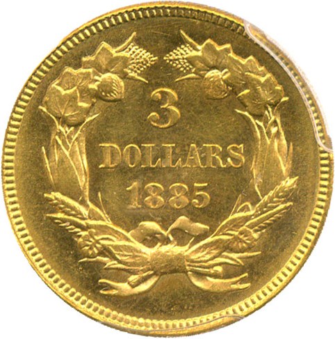 image for: 1885 $3 PCGS/CAC MS64 - Super Low Mintage Gold Coin