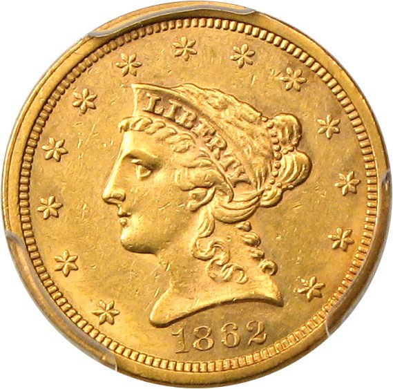 image for: 1862 $2 1/2 PCGS AU58 - Low Mintage Issue