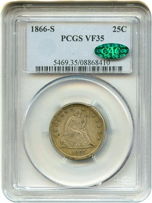 image for: 1866-S 25c PCGS/CAC VF35 - Key Date