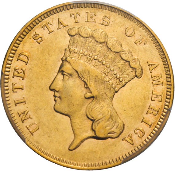 image for: 1857-S $3 PCGS/CAC AU55 - Low Mintage