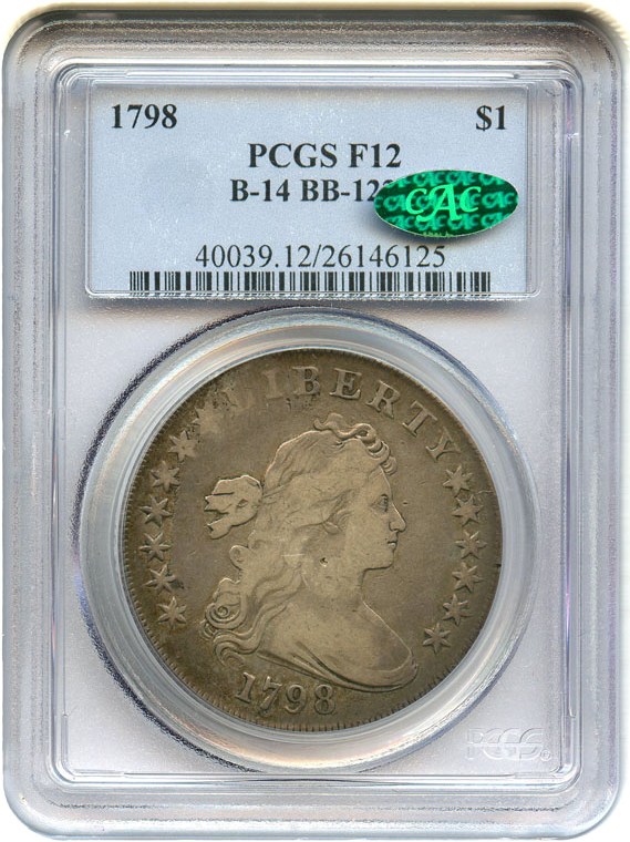 image for: 1798 $1 PCGS/CAC F12 (B-14 BB-122) - Large Eagle Bust Dollar - No Reserve!