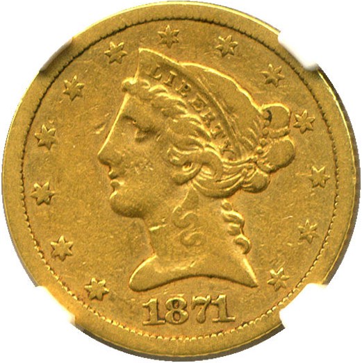 image for: 1871-S $5 NGC/CAC VF25 - Low Mintage Date
