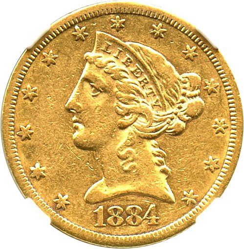image for: 1884-CC $5 NGC AU50 - Scarce Carson City Gold Coin
