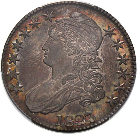 image for: 1827/6 50c PCGS/CAC AU58 - Colorful Toning