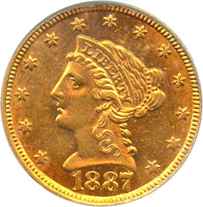 image for: 1887 $2 1/2 PCGS AU58 - Low mintage gold coin