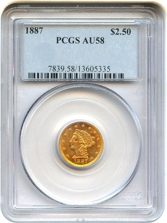 image for: 1887 $2 1/2 PCGS AU58 - Low mintage gold coin