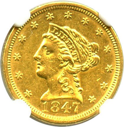 image for: 1847 $2 1/2 NGC AU58 - Low Mintage
