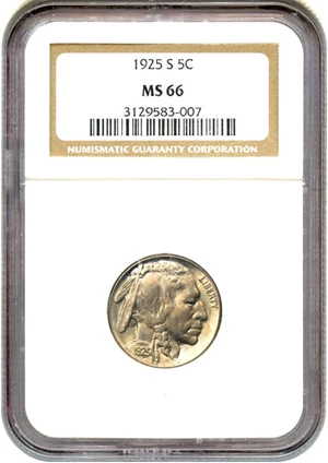 image for: 1925-S 5c NGC MS66 - Tied for Finest Known