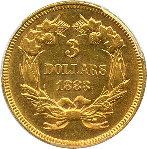 image for: 1883 $3 PCGS MS62 - Low Mintage Three Dollar Gold - Only 900 Struck!