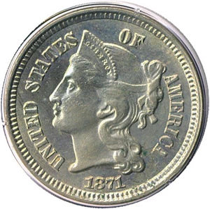 image for: 1871 3cN PCGS MS62 - OGH Rattler Holder