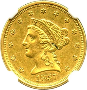 image for: 1857-O $2 1/2 NGC/CAC AU58 - Popular New Orleans Gold Coin