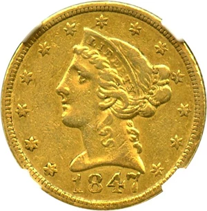 image for: 1847-C $5 NGC/CAC XF45 - Desirable Charlotte Mint Issue