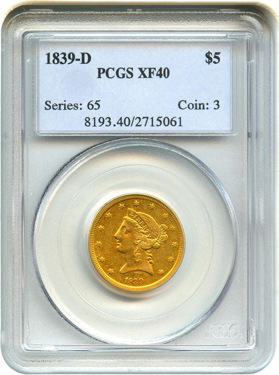 image for: 1839-D $5 PCGS XF40 - Scarce Dahlonega Mint Issue