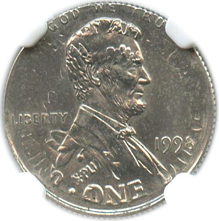 image for: Mint Error: 1998 1c NGC MS64 (Double Denomination, Penny struck on a previously