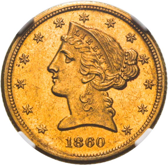 image for: 1860-D $5 NGC MS63 - Rare High Grade Dahlonega Gold