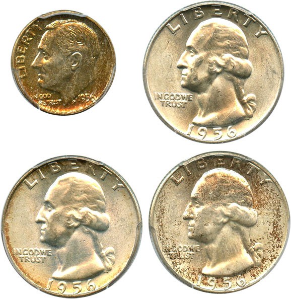 image for: Collector Lot: 1956-D 10c & (3) 1956-D 25c PCGS AU58,MS64,65,65 (4 Coins)