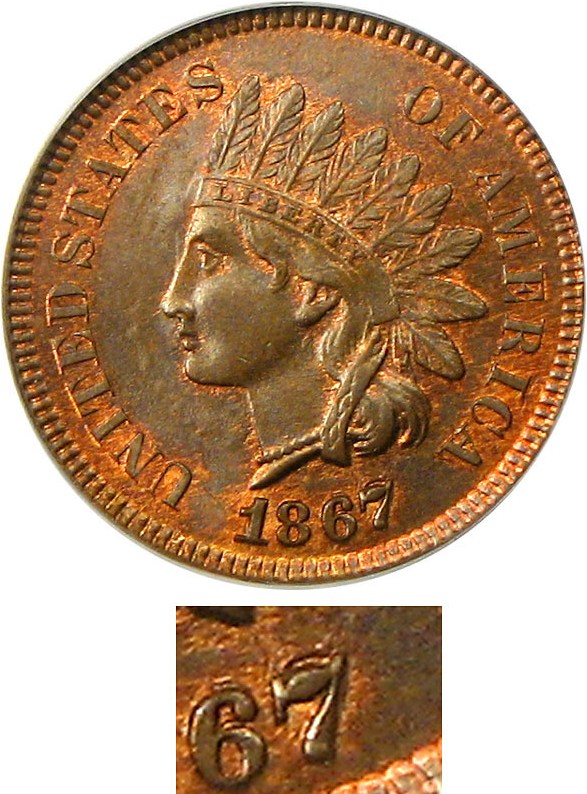 image for: 1867/67 1c PCGS/CAC MS64 RB (Eagle Eye Photo Seal)