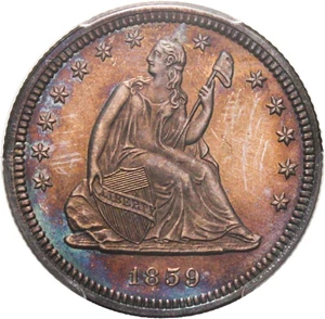 image for: 1859 25c PCGS Proof 64 - Pretty Multicolor Toning - No Reserve!
