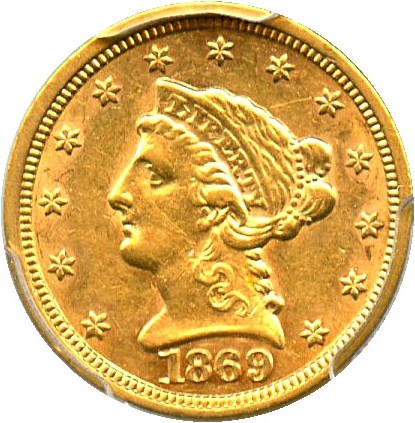 image for: 1869-S $2 1/2 PCGS AU53 - Low Mintage Issue