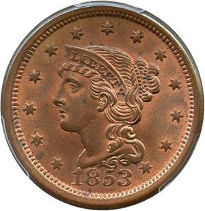 image for: 1853 1c PCGS/CAC MS64 RB - Mostly Red