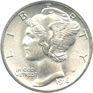 image for: 1916-S Mercury 10c PCGS/CAC MS66