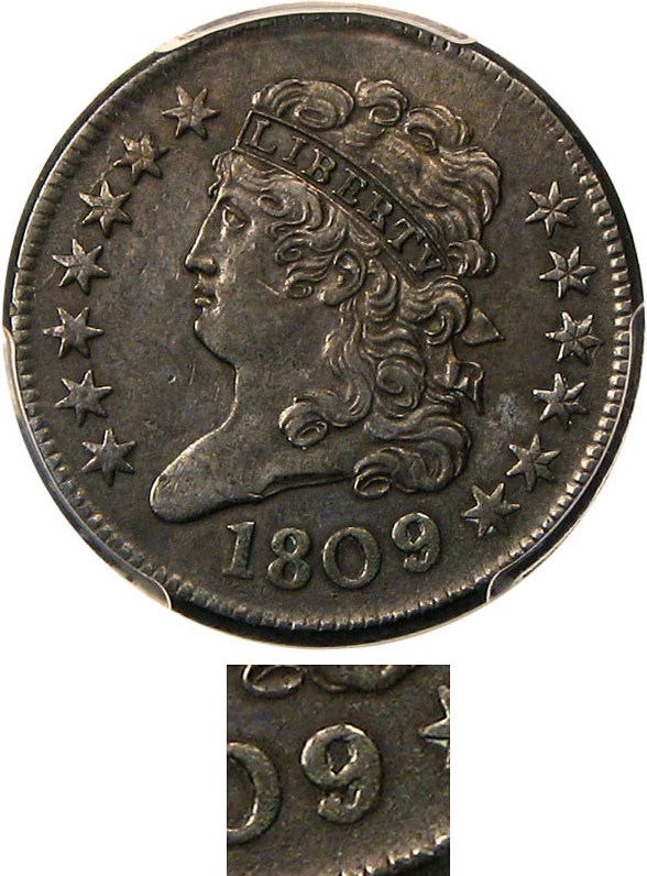 image for: 1809/6 1/2c PCGS AU55 (9 over inverted 9)