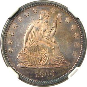 image for: 1866 Motto 25c NGC/CAC MS64 - Very Scarce Date with Colorful Toning - No Reserve!