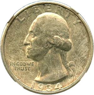 image for: 1934 25c NGC AU58 (Doubled Die Obverse) - Key Date