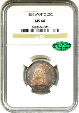 image for: 1866 Motto 25c NGC/CAC MS64 - Very Scarce Date with Colorful Toning - No Reserve!