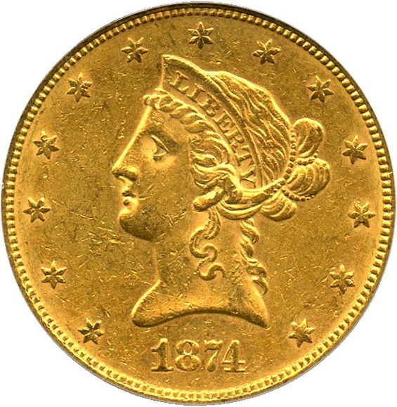 image for: 1874 $10 PCGS AU53 OGH - Low Mintage Eagle - No Reserve!