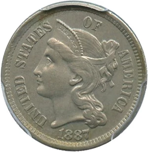 image for: 1887 3cN PCGS Genuine, Cleaning UNC Details - Scarce Low Mintage Date
