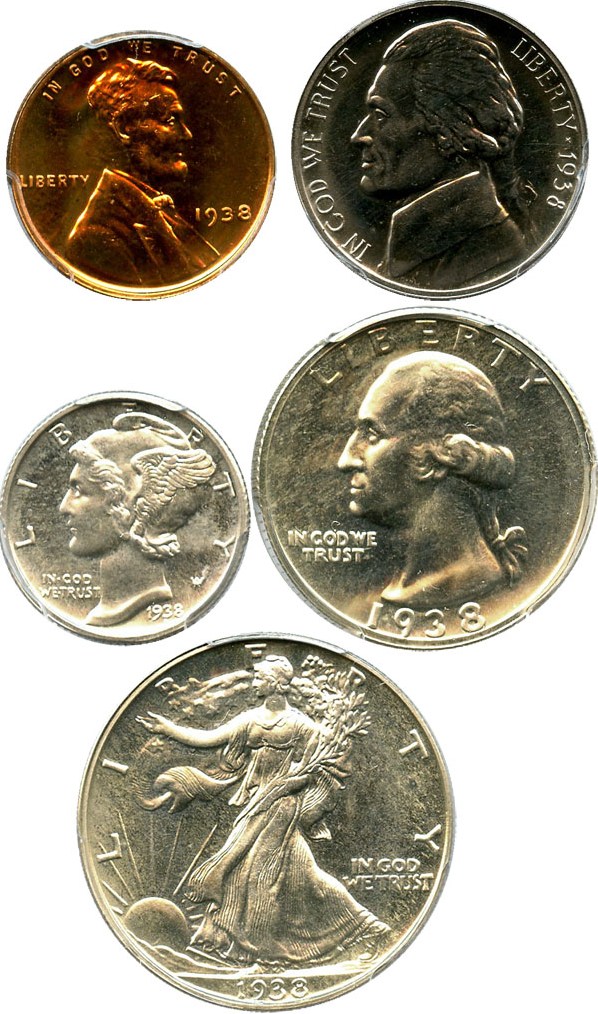 image for: 1938 Proof Set 1c-50c PCGS/CAC Proof 63-66 (5 Coins)