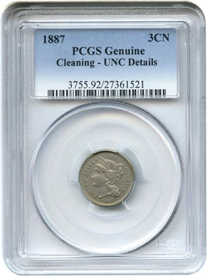 image for: 1887 3cN PCGS Genuine, Cleaning UNC Details - Scarce Low Mintage Date