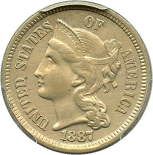 image for: 1887 3cN PCGS Genuine, Cleaning AU Details - Scarce Low Mintage Date