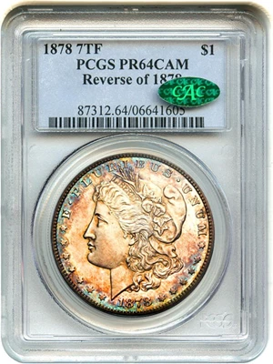 image for: 1878 7TF $1 PCGS/CAC Proof 64 CAM (Reverse of 1878) - Rare Proof with Colorful Toning