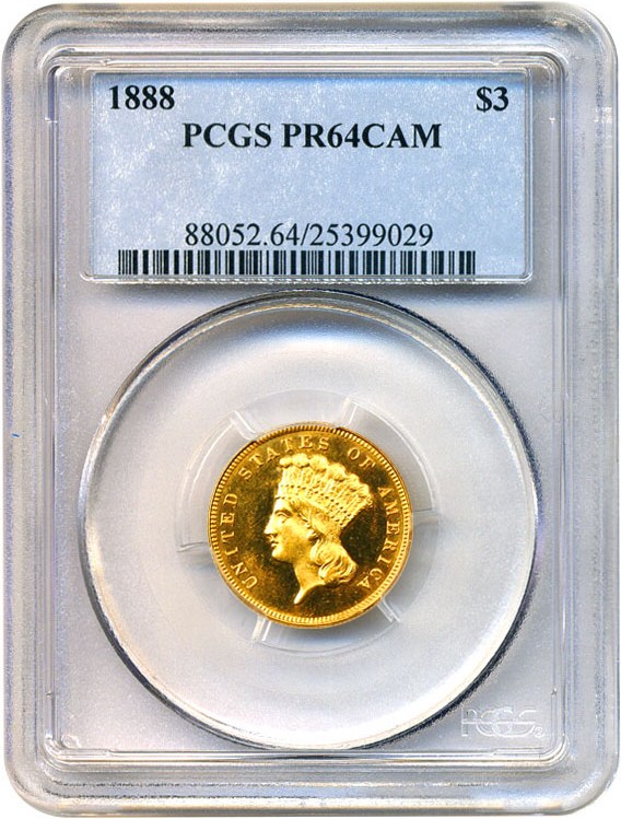image for: 1888 $3 PCGS Proof 64 CAM - Gorgeous Proof -- Only 291 Minted!