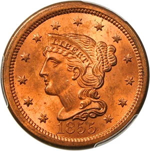 image for: 1855 1c PCGS MS65 RD (Upright 55)