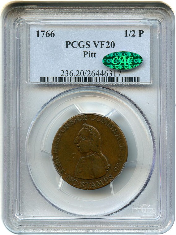 image for: 1766 William Pitt Halfpenny PCGS/CAC VF20