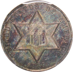 image for: 1865 3cS PCGS/CAC AU58 - Colorful Toning - No Reserve!