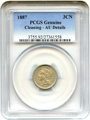 image for: 1887 3cN PCGS Genuine, Cleaning AU Details - Scarce Low Mintage Date