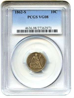 image for: 1862-S 10c PCGS VG-8 - Scarce Date