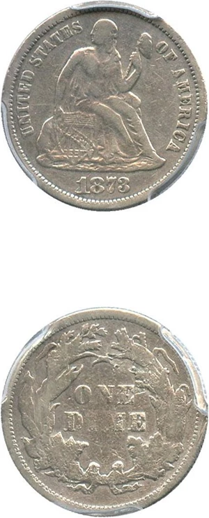 image for: 1873 10c PCGS Genuine, Damage F Details (No Arrows, Closed 3)