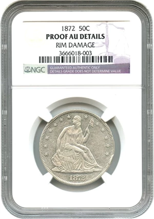 image for: 1872 50c NGC Proof AU Details, Genuine Rim Damage