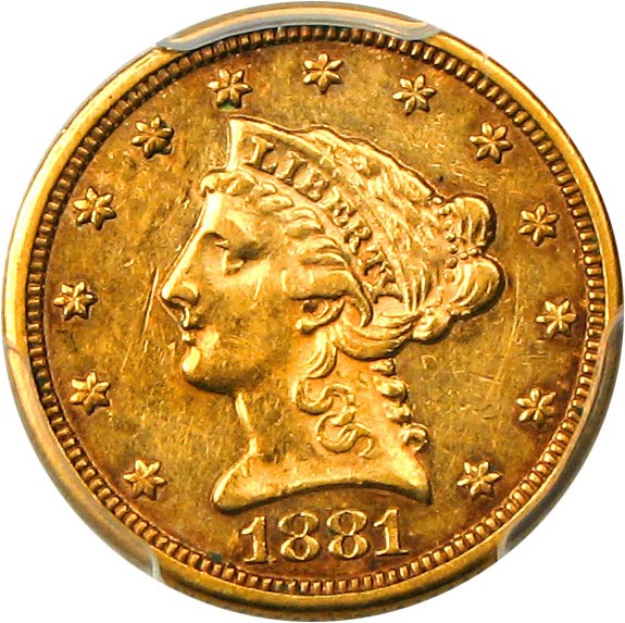 image for: 1881 $2 1/2 PCGS AU50 - Very Low Mintage