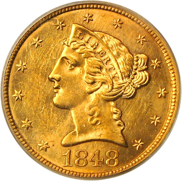 image for: 1848 $5 PCGS MS63 OGH - Desirable No Motto Half Eagle, Tied for Finest at PCGS