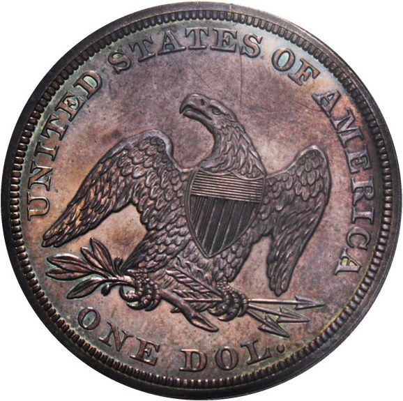 image for: 1857 $1 PCGS Proof 64 - Rare, Low Mintage Proof with Colorful Toning