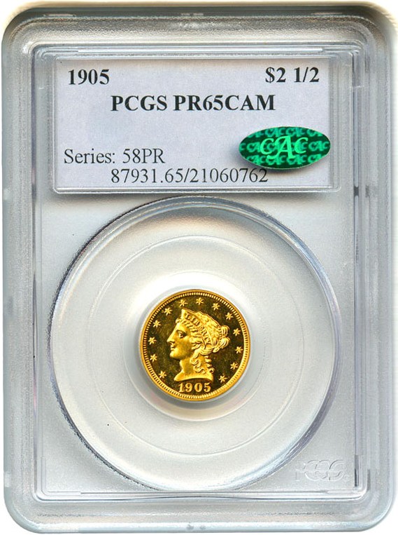 image for: 1905 $2 1/2 PCGS/CAC Proof 65 CAM - Superb Gem Proof Gold